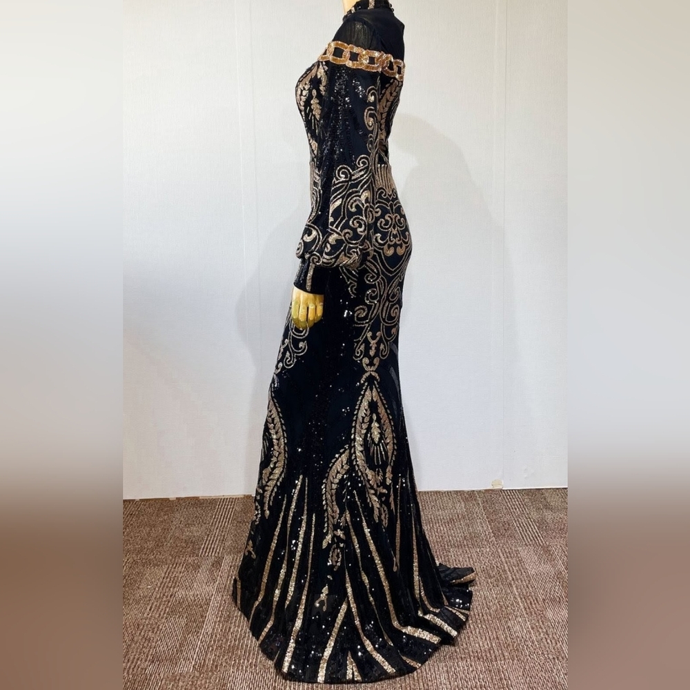 Black Embellished Backless Gown with Bishop Sleeves- CUSTOM MADE - Picture 13 of 15
